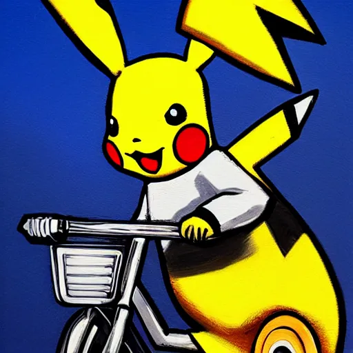 Image similar to pikachu riding motorcycle, nestor canavarro hyperrealist art style, sharp brushstrokes