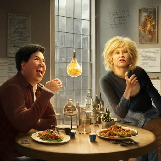 Image similar to portait of michael mcintyre and middle aged blonde woman with short hair and a blonde woman with long hair having dinner at sunday in brooklyn restaurant, anatomy, bathed in light, highly detailed, photorealistic, artstation, smooth, sharp focus, illustration, unreal engine 5, 8 k, art by artgerm and greg rutkowski and edgar maxence