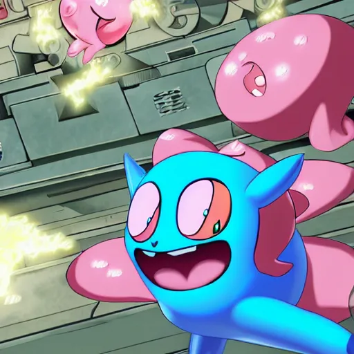 Prompt: jigglypuff fighting back hordes of monsters in he'll using a machine gun, digital art, highly detailed, 4 k