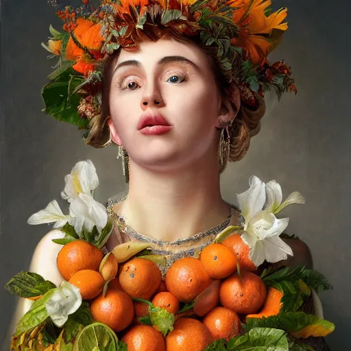 Image similar to portrait of miley citrus, by giuseppe arcimboldo and paul barson and annie leibovitz and faith yata and artgerm and alphonse mucha, photorealistic, f 1. 8, soft lightning, high detail, 8 k