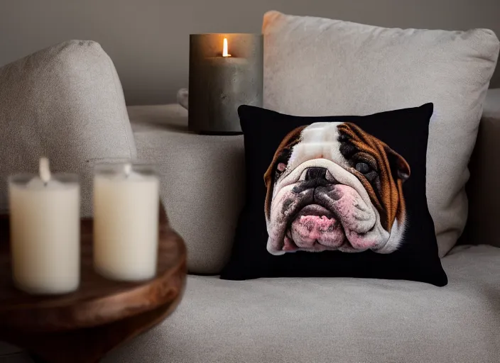 Image similar to a closup, 4 5 mm, portrait of a sleeping english bulldog on a pillow in a bed, candle light, 4 5 mm, by franz lanting