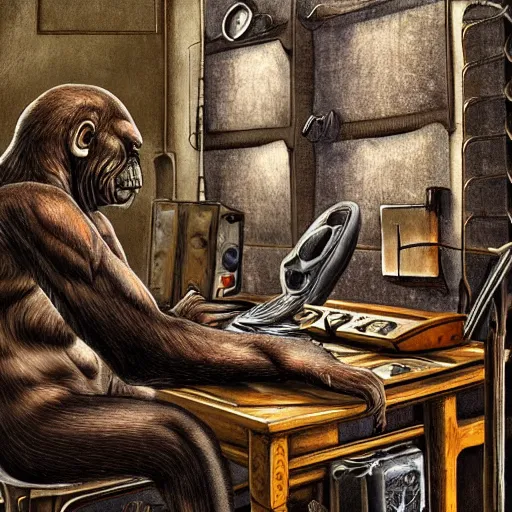 Prompt: Ape using steam computer in ancient time, highly detailed, highly realistic, artstation, by Hans Giger