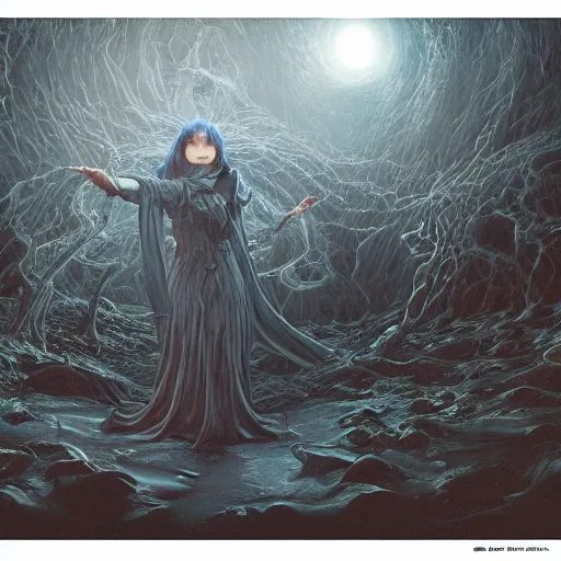 Image similar to eldritch anime witch in the style of michael whelan and gustave dore. hyperdetailed photorealism by greg rutkowski. 1 0 8 megapixels, 3 d finalrender, cinematic lighting, witchcraft summoning circle