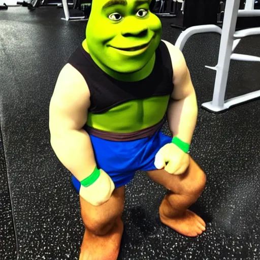 Prompt: shrek goes to the gym to get ripped