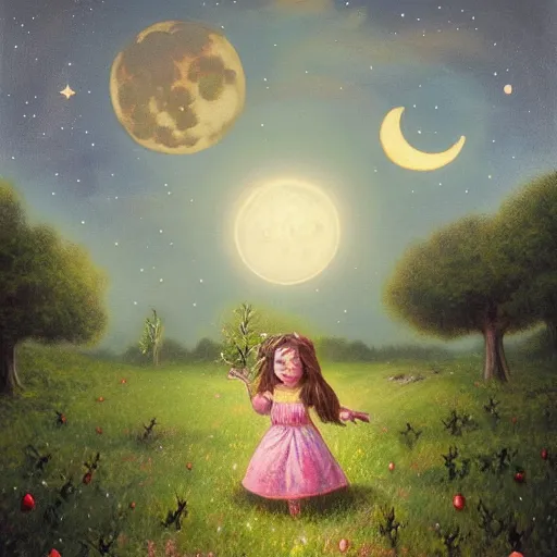 Prompt: breathtaking detailed painting of the moon, with a little girl in an apple orchard pointing up in the night sky at the moon, magical atmosphere, highly detailed, 4k