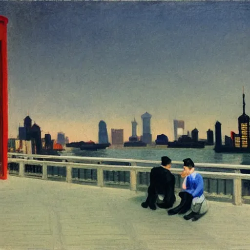 Prompt: a small rooftop with a couple of people sitting and watching the view, shanghai bund is on the background, night, by edward hopper