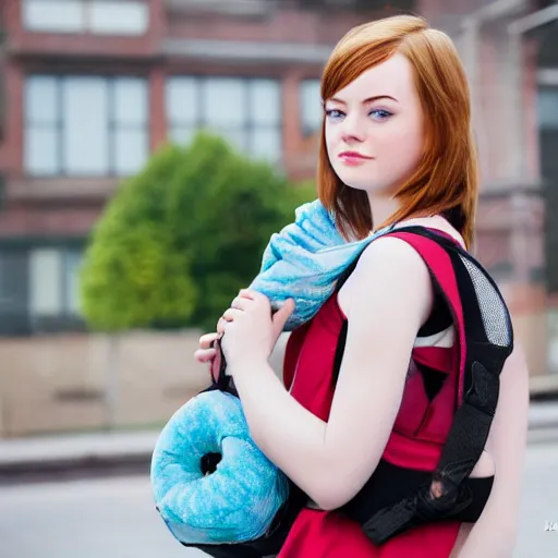 Prompt: photo of teenage emma stone as schoolgirl, holding mesh bag with bagels, street of moscow, shallow depth of field, cinematic, 8 0 mm, f 1. 8