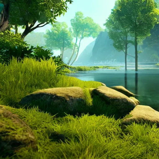 Image similar to a beautiful landscape, river, rocks, trees, volumetric lighting, octane render, nvidia raytracing demo, lush vegetation