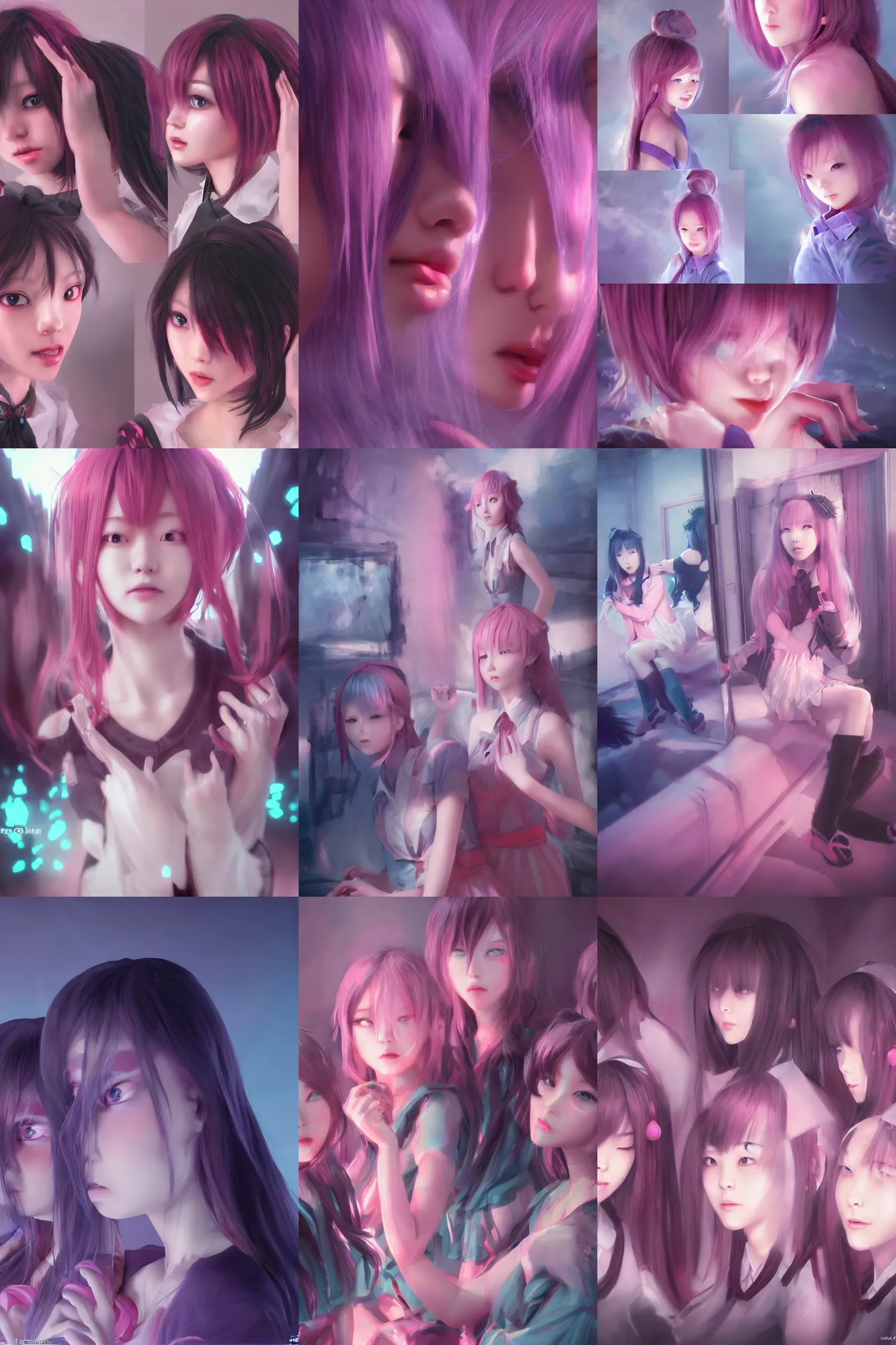 Prompt: 3d dark infrared octane render concept art by D. Jun, by Mo Xiang Tong Xiu, by Igarashi Daisuke, beauty portrait anime schoolgirls under dark pink and blue tones. cute face. complex mirror room. dramatic light, trending on artstation.