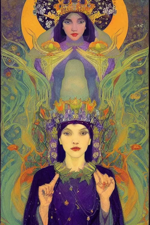 Image similar to queen of the night garden by Annie Swynnerton and Nicholas Roerich, strong dramatic cinematic lighting , ornate headdress , flowing robes, lost civilizations, smooth, sharp focus, extremely detailed