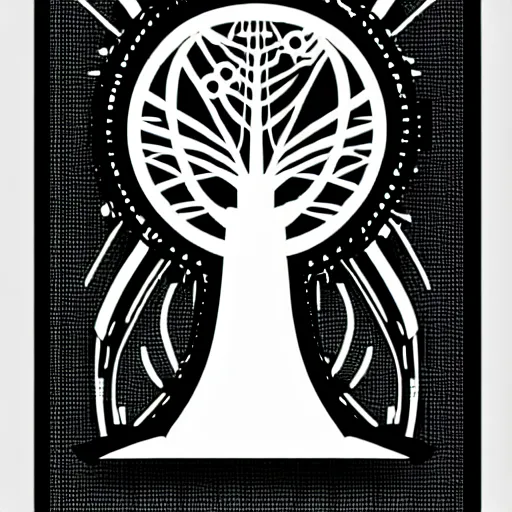 Image similar to black and white sci fi luxury themed svg vector art panel for cnc plasma, laser, stencil, unique art nouveau deco hole through circuit cedar tree forest design