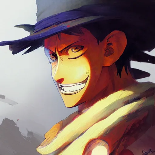 Image similar to luffy, detailed, by greg rutkowski, digital anime art