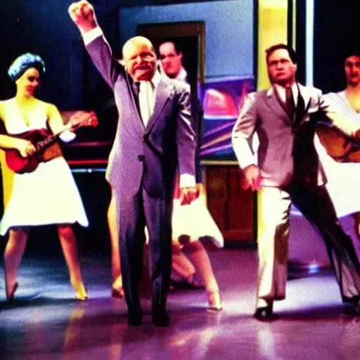 Image similar to A still of Khrushchev wearing a disco suit in Saturday Night Fever