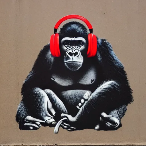 Image similar to gorilla wearing red headphones by banksy