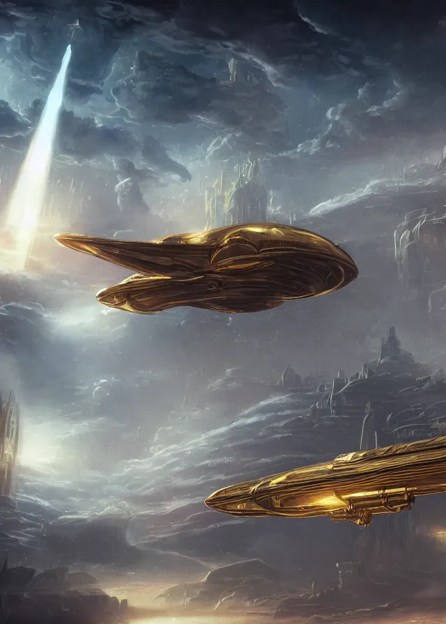 Prompt: a highly detailed matte painting of a golden age space ship from atlantis hovering over a pharaonic city, ominous, foreboding, moody, hd, concept art, artstation, deviantart,