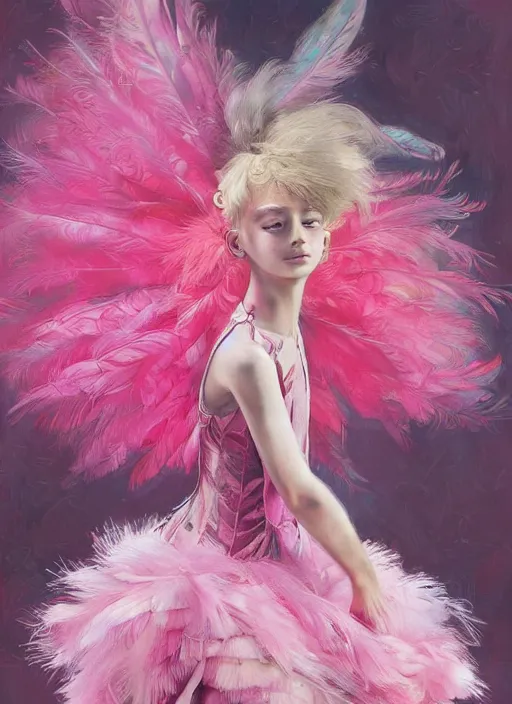 Image similar to beautiful little girl with an pink eccentric haircut wearing an dress made of feathers dancing on stage, artwork made by ilya kuvshinov, inspired in donato giancola, hd, ultra realistic, reflection, flowers, light stage