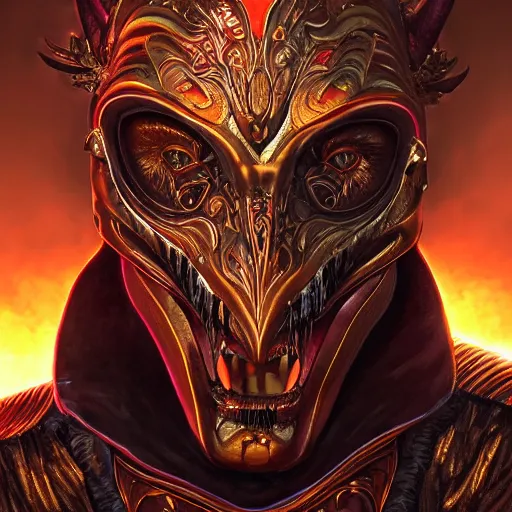 Image similar to Very very very very highly detailed epic photo of face with fiery demonic venetian mask, intricate, dystopian, sci-fi, extremely detailed, digital painting, artstation, concept art, smooth, sharp focus, illustration, intimidating lighting, realistic, incredible art by Artgerm and Vincent di Fate and Anton Pieck