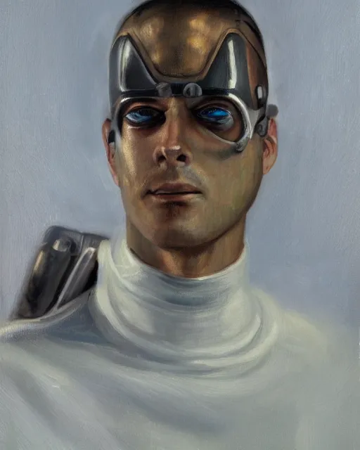 Image similar to sweet portrait of a cyborg man, oil painting. HD