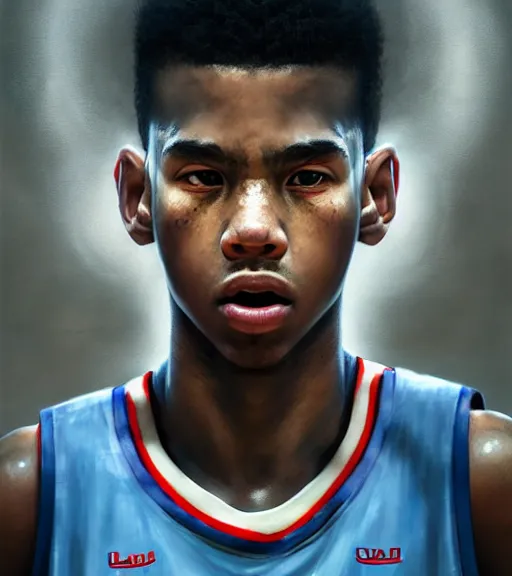 Prompt: portrait of a boy at a basketball court playing basketball wearing a basketball uniform in a basketball court, intense emotion, detailed facial expression, detailed surroundings, intricate, elegant, highly detailed, centered, digital painting, artstation, concept art, smooth, sharp focus, illustration, by Peter Mohrbacher, WLOP