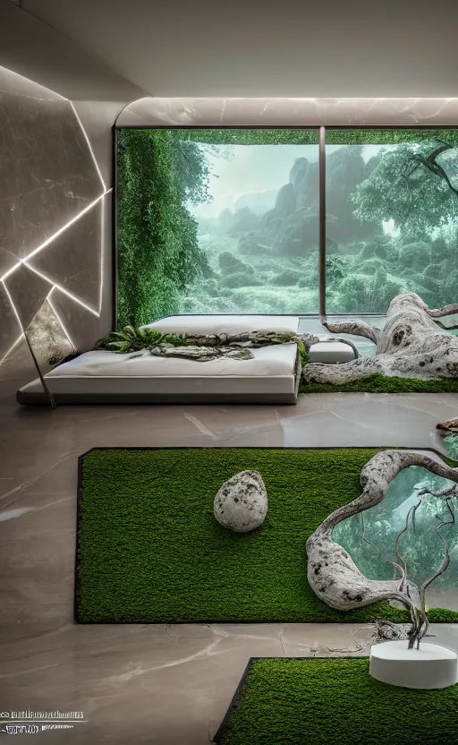 Image similar to highly detailed villa natural beautiful light interior soft cinematic composition of a smooth ceramic porcelain biomorphic magnolia stone nebula fluid sci - fi surreal colorful architecture landscape, furniture, granite, trees, marble, moss, lichen, fungi, vincent callebaut composition, mamou - mani, archviz, 8 k, unreal engine, hdr