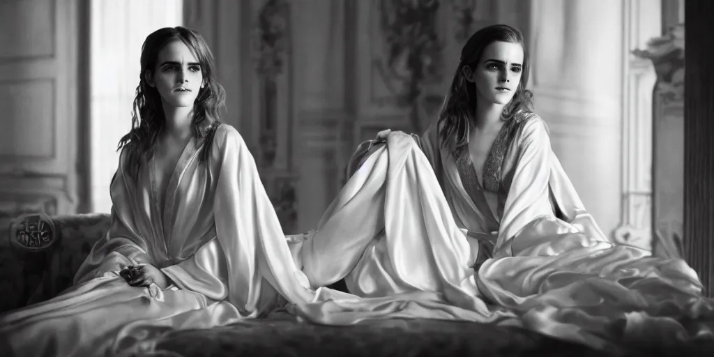 Prompt: portrait closeup Emma Watson long hair flowing silk robes baroque room candles mirrors cinematic lighting stanley kubrick barry lyndon 4k canon 5d mk4 colour