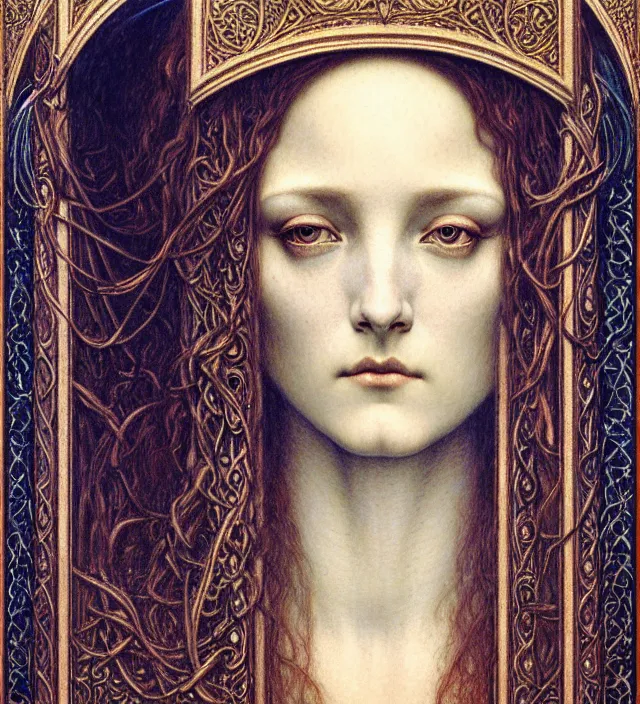 Image similar to detailed realistic beautiful young medieval queen face portrait by jean delville, gustave dore and marco mazzoni, art nouveau, symbolist, visionary, gothic, pre - raphaelite. horizontal symmetry