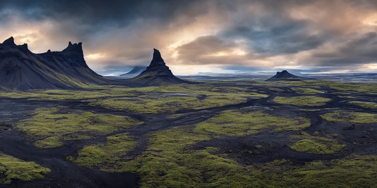 Image similar to iceland highlands in the summer by dylan cole, matte painting with high detail, ground level, sci - fi star wars megacity with dramatic lighting and dramatic sky, 4 k, cinematic cinematography.