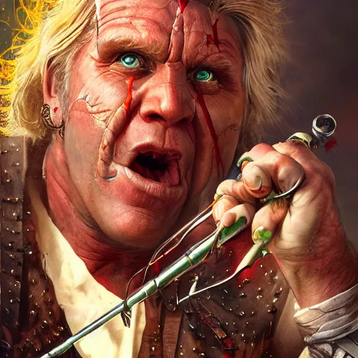 Image similar to detailed photo of a Half-orc bard portrayed by Gary Busey playing a flute, 8k,by Tristan Eaton, Stanley Artgermm, Tom Bagshaw, Greg Rutkowski, Carne Griffiths, trending on DeviantArt, face enhance, hyper detailed ,full of color, dramatic lightning, epic stance