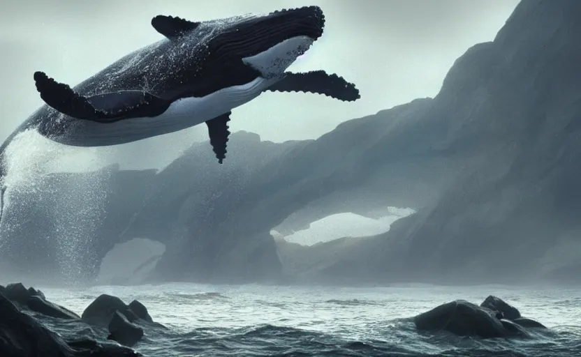 Image similar to whales breaching, directed by charlie kaufman ( 2 0 0 1 ) anamorphic lenses, a rocky shore in the foreground, foggy volumetric light morning, a beam of light from the heavens, cinematic trending on artstation in the style of greg rutkowski