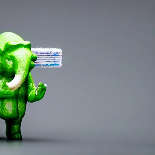 Image similar to macro photo little green elephant cleaning with toothbrush, fisheye, realistic, dramatic