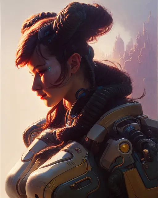 Image similar to d. va from overwatch, character portrait, concept art, intricate details, highly detailed by greg rutkowski, michael whelan and gustave dore