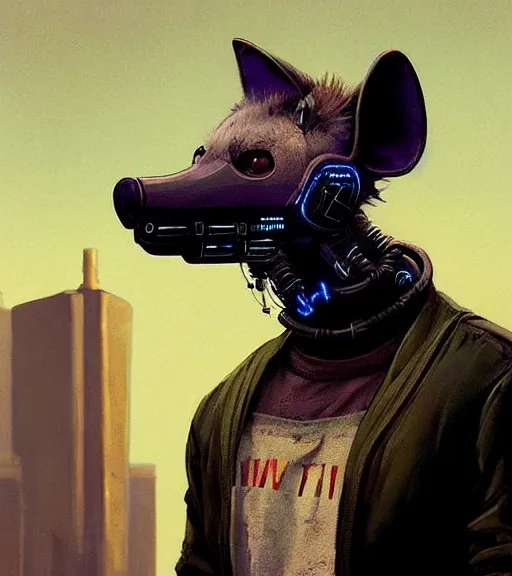 Image similar to new york city portrait icon of furry anthro anthropomorphic spotted hyena head animal person fursona wearing clothes strange cybernetic metal muzzle gloomy rainy screenshot from the video game cyberpunk 2077 digital art by Greg Rutkowski, Simon Stalenhag, christopher nolan trending on Artstation, CGSociety