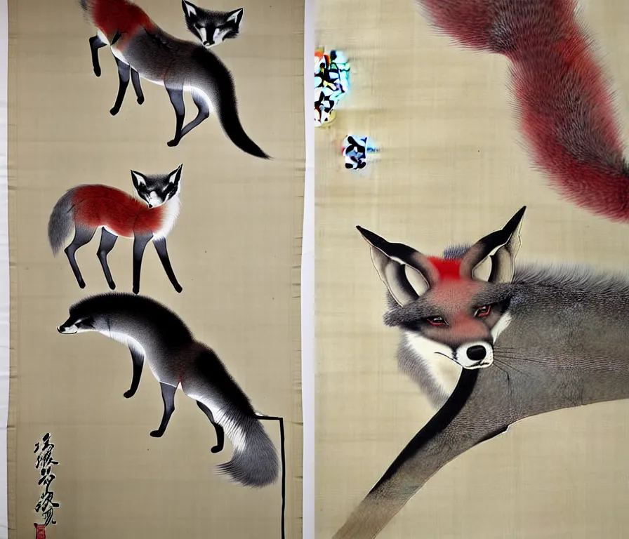 Prompt: pine, plum and grey fox, by Shen Quan, hanging scroll on wall, ink and colour on silk, muted colours, detailed