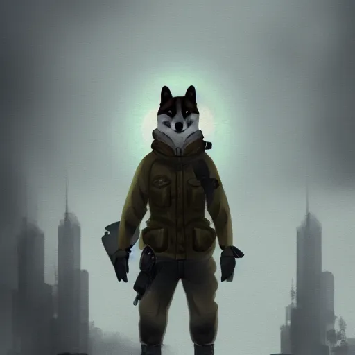 Image similar to postapocalyptic foggy moody cinematic stil portrait of anthropomorphic anthro shiba inu wearing soldier helmet gear , 4k trending on artstation by rutkowski