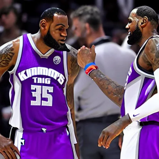 Image similar to LeBron James and Kevin Durant wearing Sacramento Kings jerseys