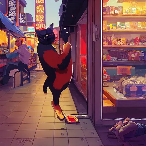 Image similar to cat robbing a food store, art gta 5 cover, artstation by jesper ejsing, by rhads, makoto shinkai and lois van baarle, ilya kuvshinov, ossdraws, and by feng zhu and loish and laurie greasley, victo ngai, andreas rocha, john harris