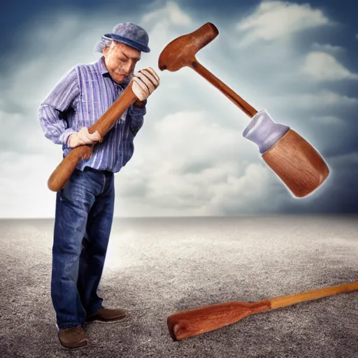 Prompt: a man is working with an old hammer, a stock photo by pogus caesar, trending on shutterstock, precisionism, stockphoto, stock photo, angular