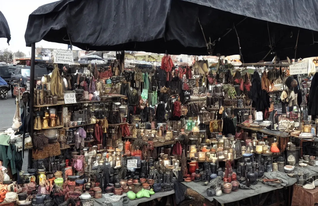 Image similar to market stall in Mordor with a very dark atmospheric sky. A hideous faced orc is selling arcane wares and animal body parts