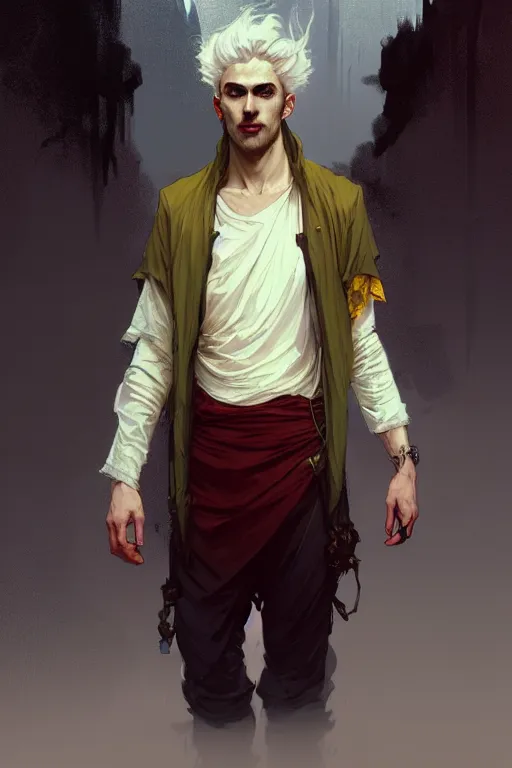 Image similar to portrait of a beautiful young fit male vampire with curly white hairs and yellow eyes, dressed with urban clothes, by greg rutkowski and alphonse mucha, d & d character, gradient white to red, modern nocturnal background, highly detailed portrait, digital painting, artstation, concept art, smooth, sharp focus ilustration, artstation hq