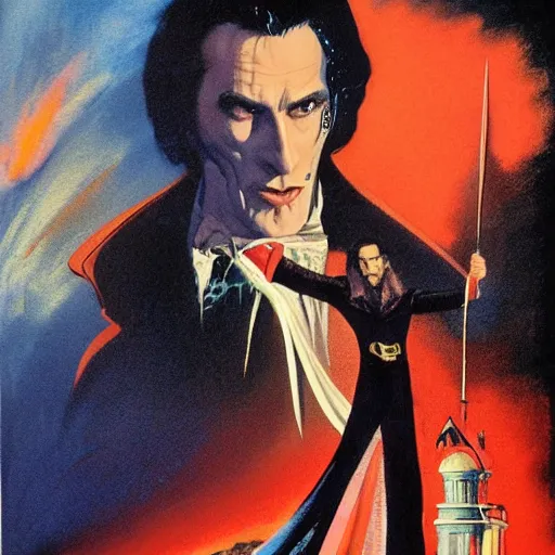 Image similar to photorealistic picture, by bob peak and alex ross, dracula movie poster in 1 9 8 4, gouache and wash paints, fine details, fine intricate, fine facial proportionate, fine body proportionate, fine fix broken line, fine fix duplicate line, smooth focus, sharp details, bokeh, 4 k