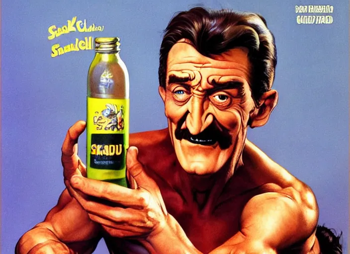 Image similar to barry chuckle drinking a bottle of snake oil, snake oil advertisement from 1 9 8 8, artwork by frank frazetta and richard corben, 3 d, high resolution 8 k