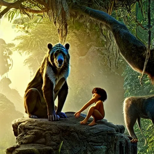 Prompt: jungle book. mowgli and balu. movie still frame. realistic photo.