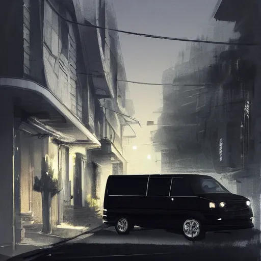 Image similar to a windowless black van parked on the street in front of an expensive modern house in a nice neighborhood, dramatic lighting, illustration by Greg rutkowski, yoji shinkawa, 4k, digital art, concept art, trending on artstation