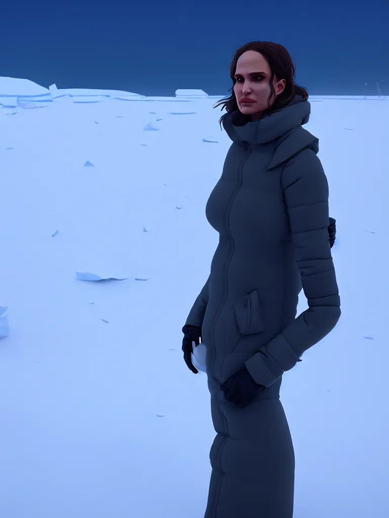 Image similar to hyperrealistic rendering, fat smooth john carpenter flesh monster natalie portman, antarctica, winter, snow, artstation, volumetric lighting, octane render, sylvain sarrailh