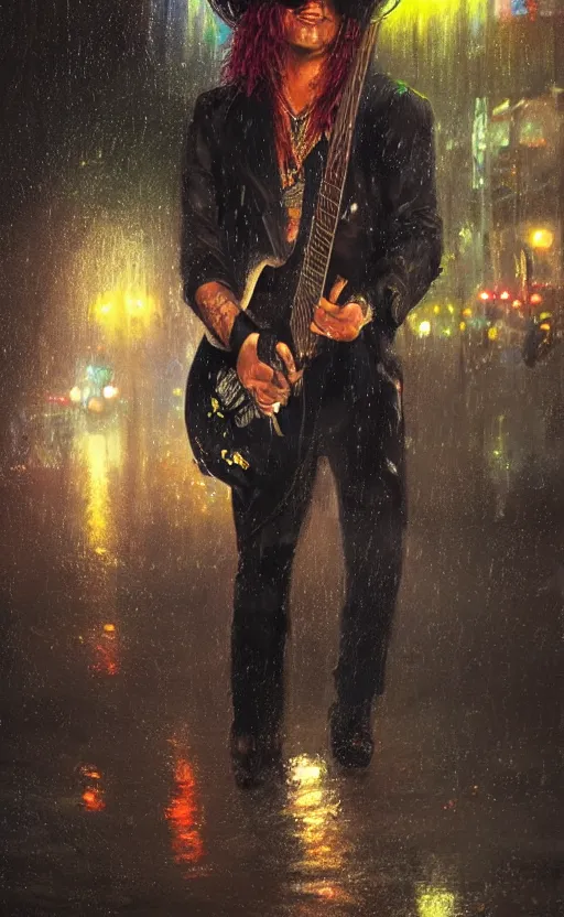 Image similar to a painting of slash playing the guitar, rainy night, lights, particles, depth of field, raindrops, crowd, lights, top hat by greg rutkowski, featured on artstation, epic composition, dramatic theme, cgsociety, deviantart, conceptartworld, screenshot from guitarhero cutscene