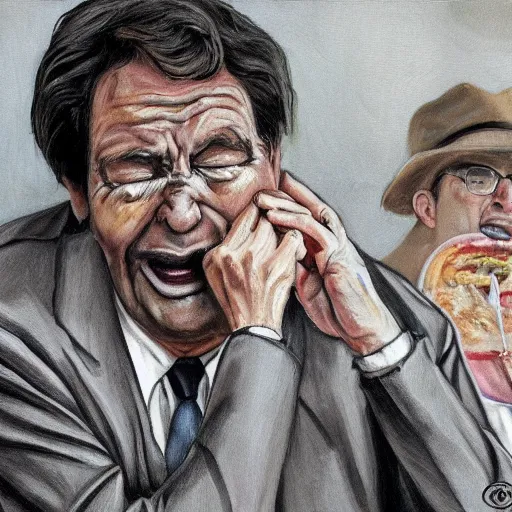 Image similar to a tall man crying at an all you can eat buffet, high detail, hyper realism