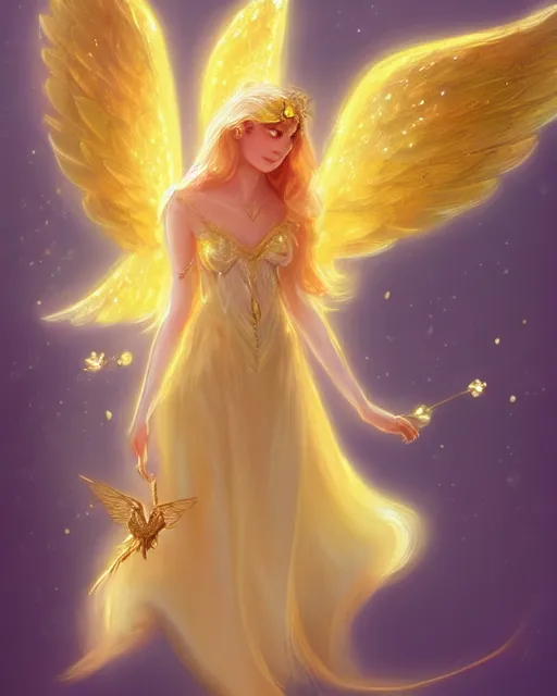 Image similar to a cute magical ethereal golden fairy with wings, fantasy art drawn by disney concept artists, high quality, highly detailed, elegant, sharp focus, concept art, character concepts, digital painting, mystery, adventure