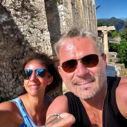 Prompt: a selfie taken by a modern day phone in an ancient roman town in 20bc.