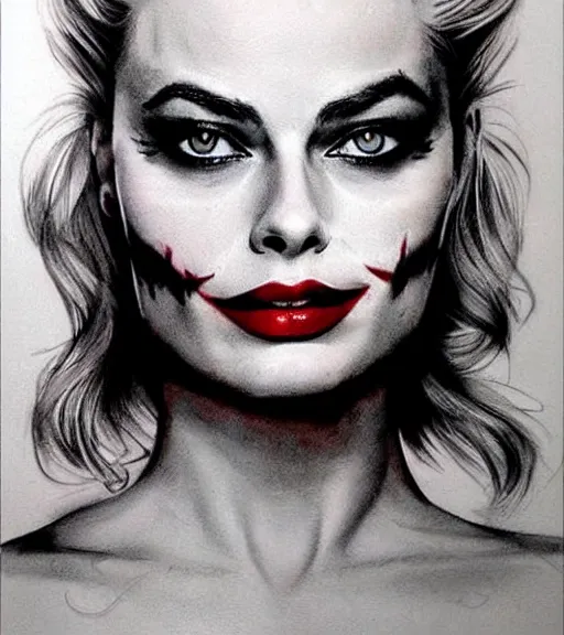 Image similar to tattoo design sketch of beautiful margot robbie portrait with joker makeup, in the style of den yakovlev, realistic face, black and white, realism tattoo, hyper realistic, highly detailed