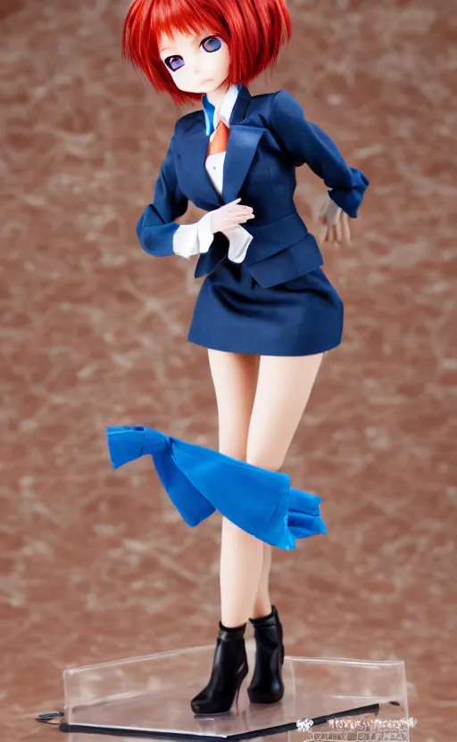 Image similar to dollfie in office suit with skirt, red hair, blue eyes,